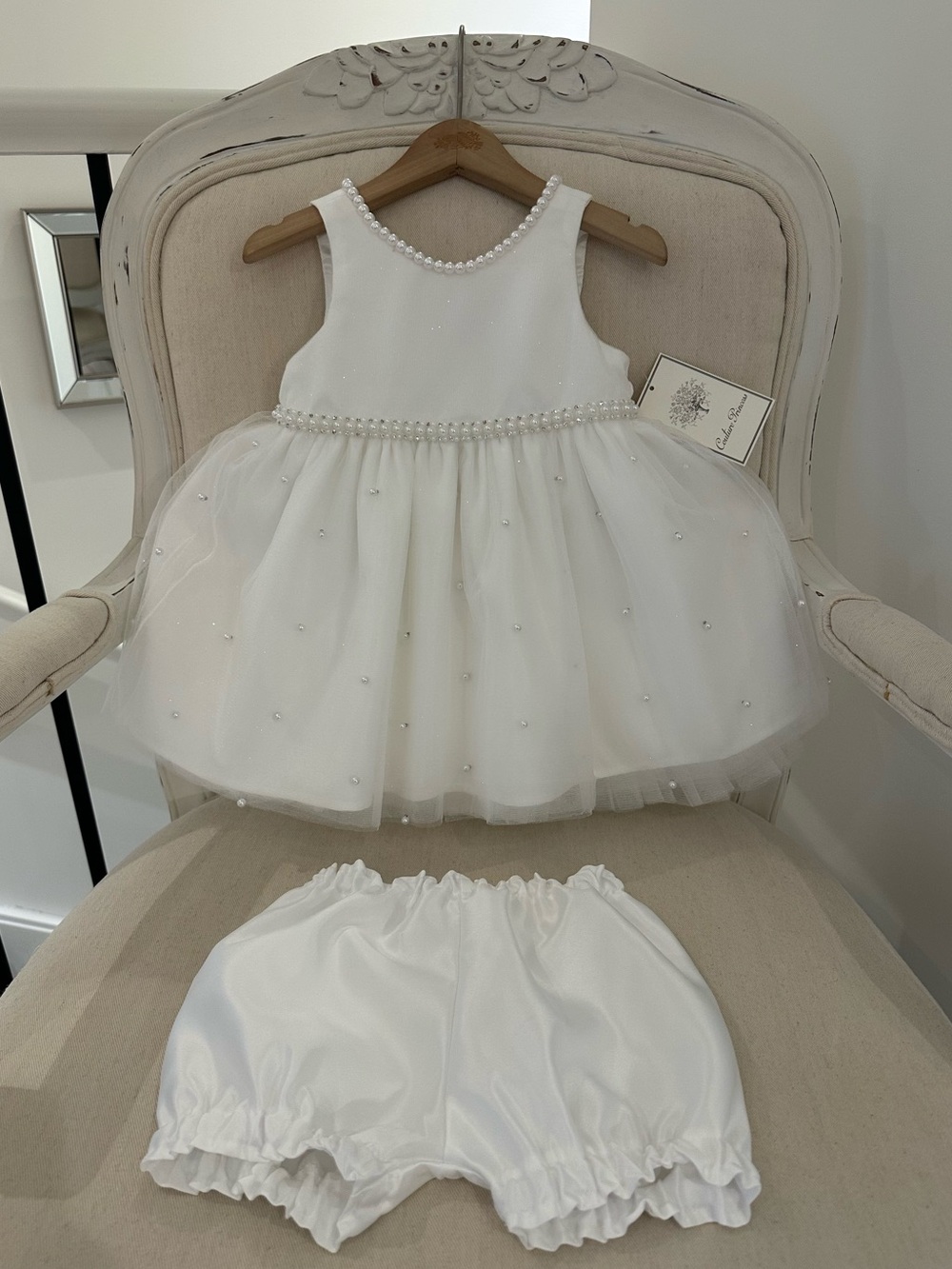 🦢 24 Mth White Pearl-Trim Multilayered Satin Tulle Baby Wedding Dress & Bloomers